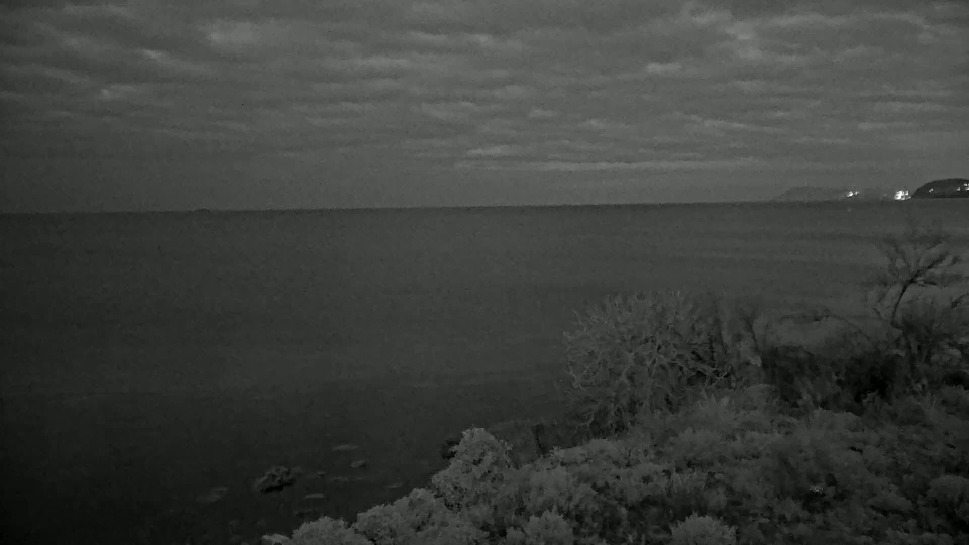 A dark, overcast sky looms over a calm body of water, with shrubbery in the foreground and a distant shoreline visible.
