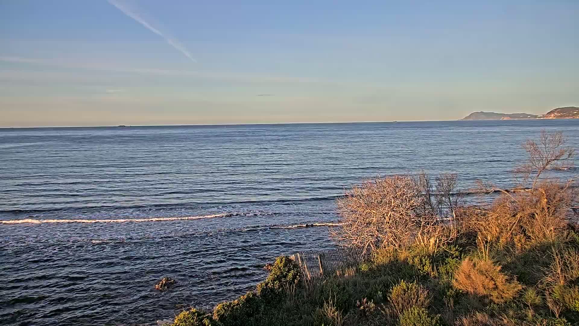 A calm ocean with small waves laps at a rocky shore covered in low-lying, dry brush under a clear, bright sky.