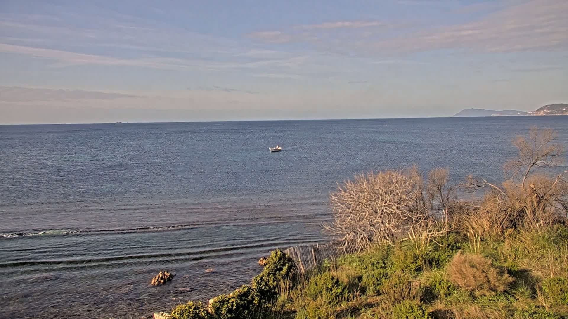 A calm, blue sea with a small boat is seen from a coastal vantage point featuring shrubs and leafless trees under a mostly clear sky.