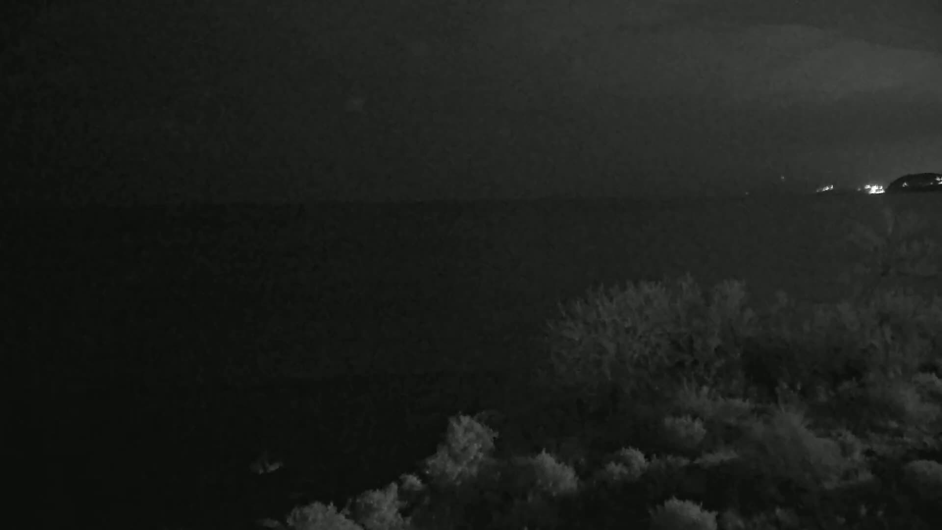 A dark, nighttime scene shows a body of water and distant lights under a mostly cloudy sky.
