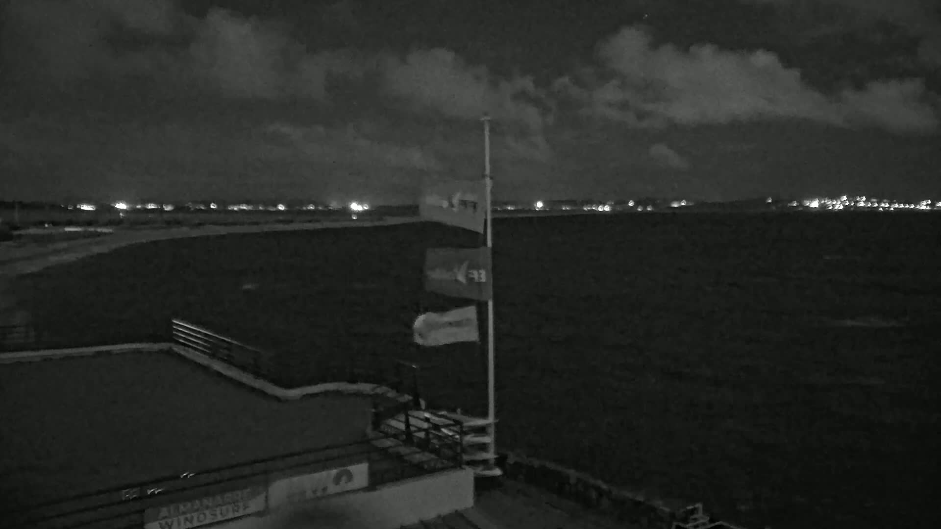 A nighttime, overcast view of a dark body of water with a distant, faintly lit shoreline, a flagpole with several flags, and a section of a building with a railing in the foreground.