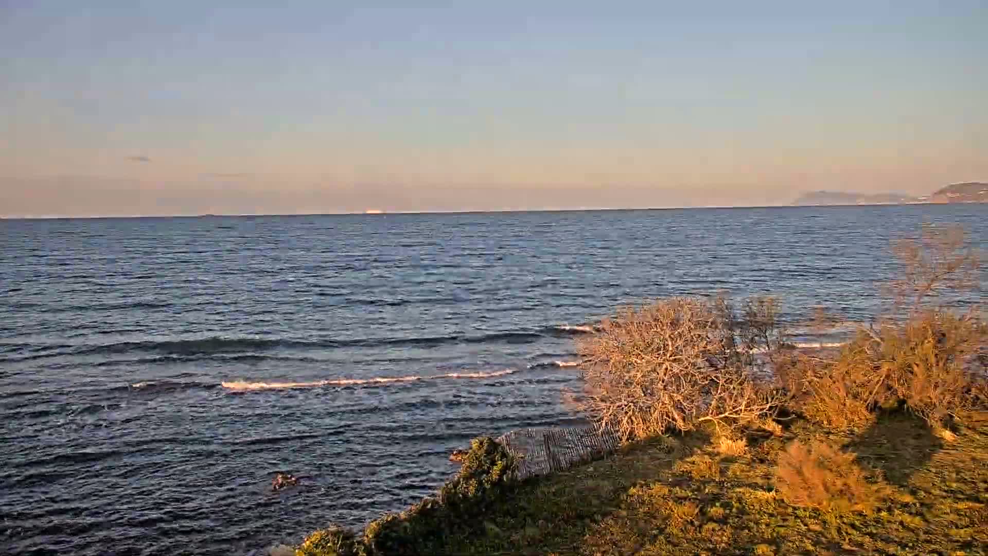 A calm sea with small waves laps the shore under a clear, pale sunset sky, with bare bushes and grass in the foreground.
