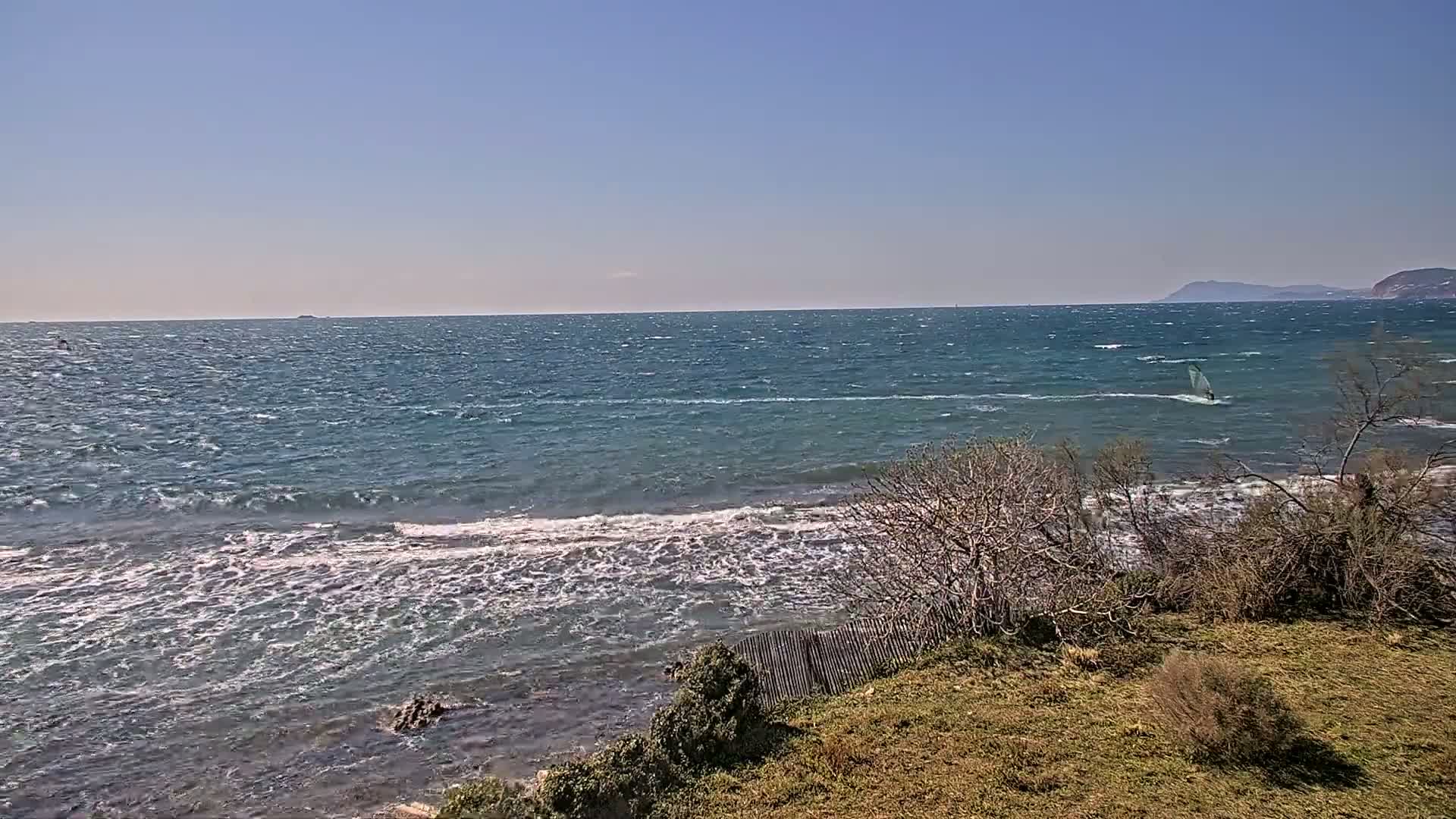 A windswept sea with small waves laps a rocky shoreline, where sparse, dry vegetation grows on a grassy bank under a clear blue sky.