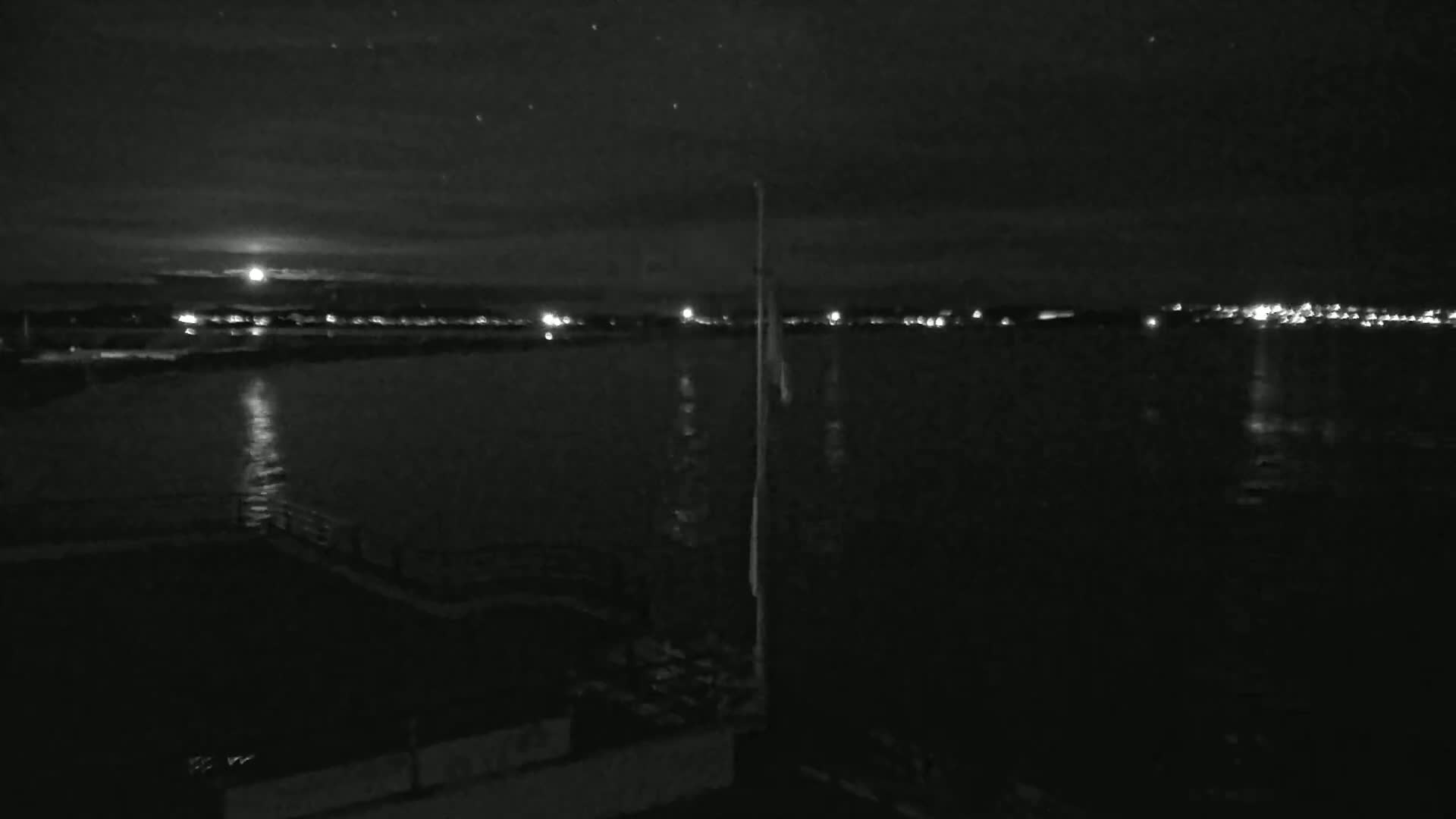 A nighttime view of a calm body of water reflecting a bright moon and the distant lights of a town under a clear, starry sky.