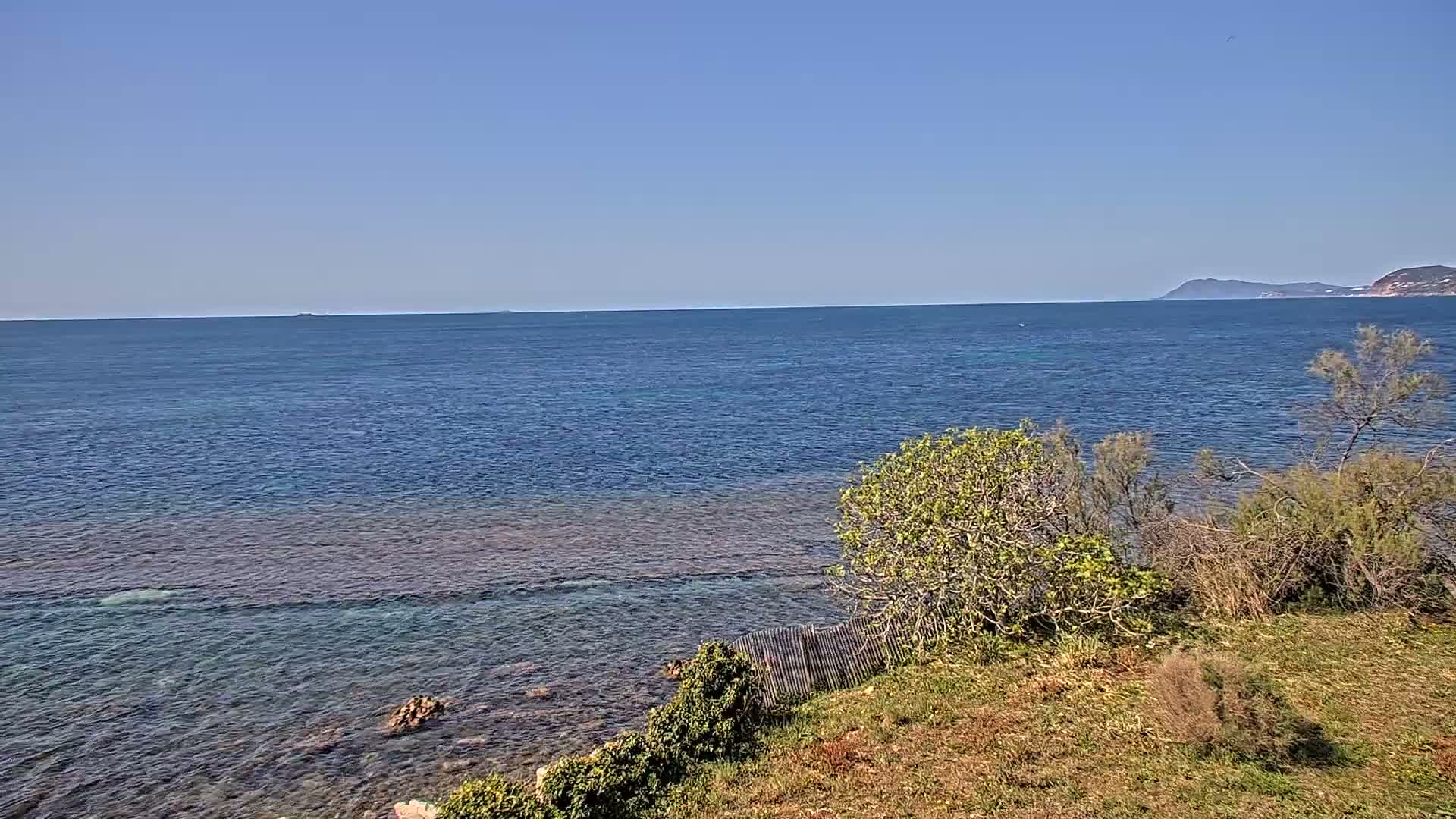 A clear, sunny day reveals a tranquil blue ocean stretching to a distant coastline, with vegetation bordering the shoreline in the foreground.