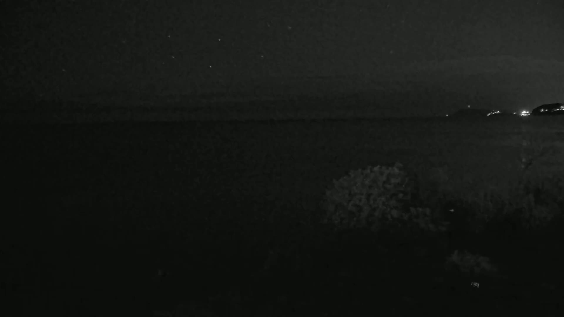 A nighttime, low-light view shows a dark body of water under a clear, starlit sky, with dark land in the foreground and distant lights visible on the horizon.