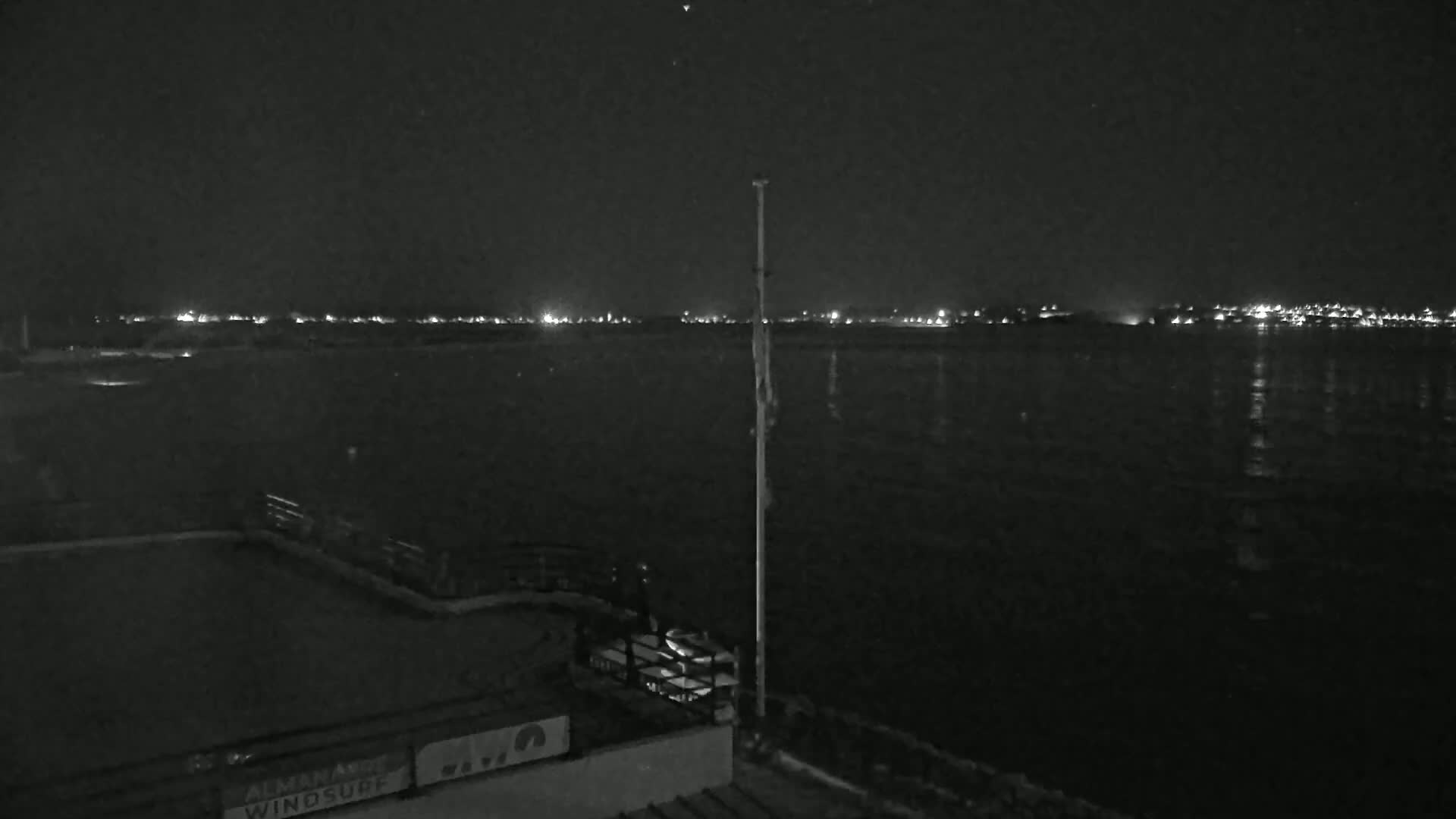 A nighttime view of a calm body of water with a distant, faintly lit shoreline under a clear, dark sky.