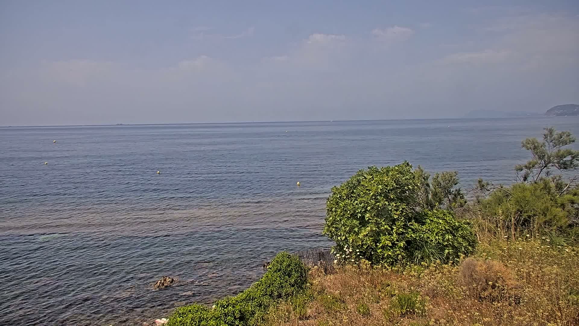 A calm, blue sea stretches to a hazy horizon under a partly cloudy sky, viewed from a coastal vantage point with low-lying vegetation.