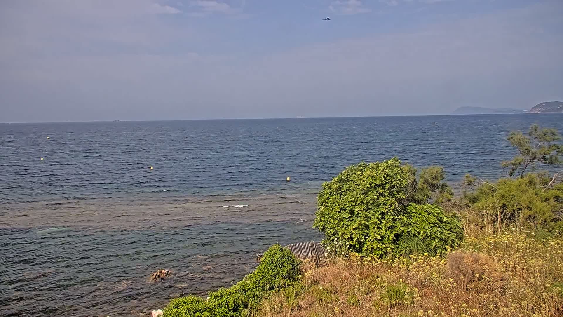 A calm sea with a partly cloudy sky is viewed from a coastal vantage point with green vegetation in the foreground.