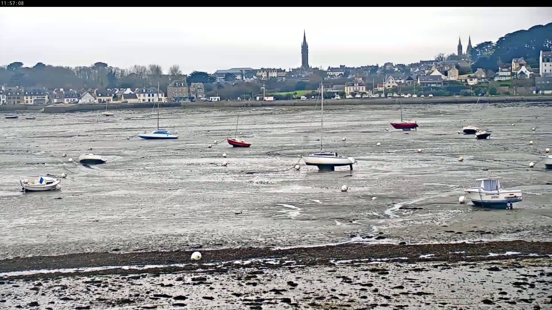 Several small boats sit in the mudflats of a harbor at low tide, with a town and church steeple visible in the background under an overcast sky.