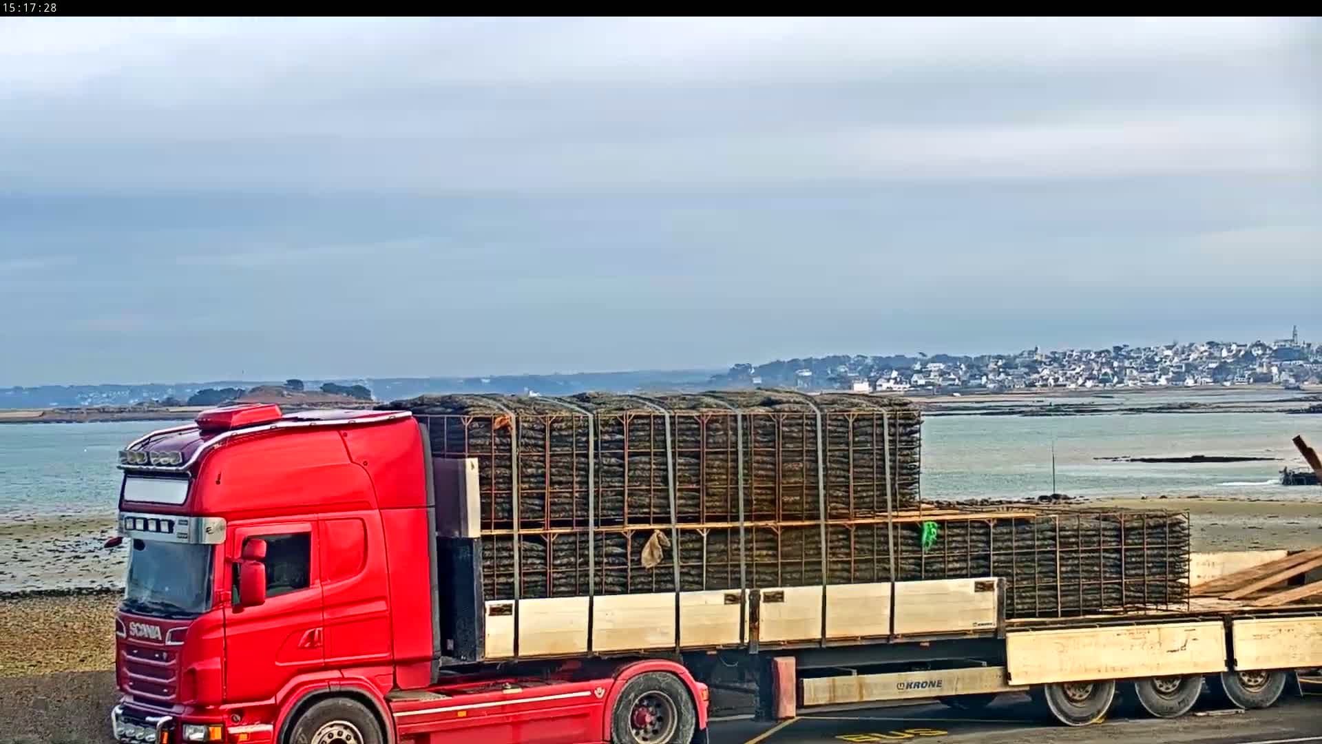 A red semi-truck carrying a large load of caged material is parked near a body of water under a mostly cloudy sky, with a town visible in the distance.