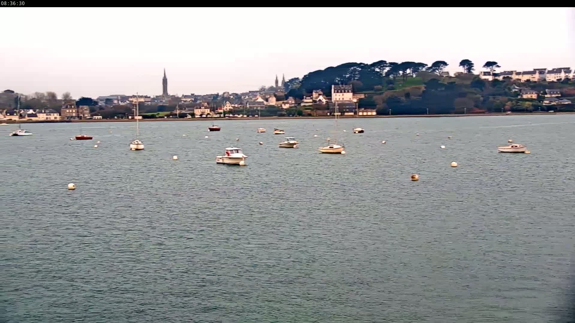 Several small boats are moored in calm, gray water in front of a town on a slightly overcast day.