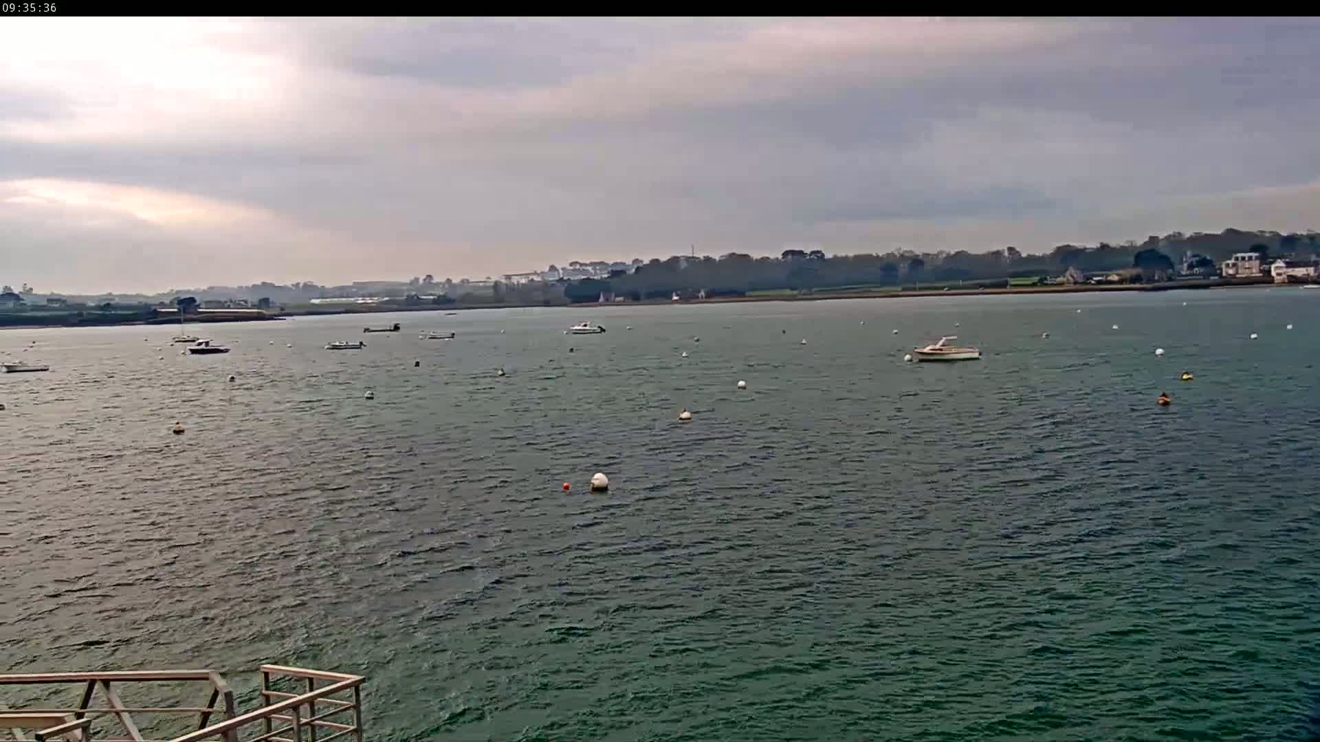 Several boats are scattered across a calm, dark-green body of water under a cloudy sky, with a distant shoreline visible in the background.