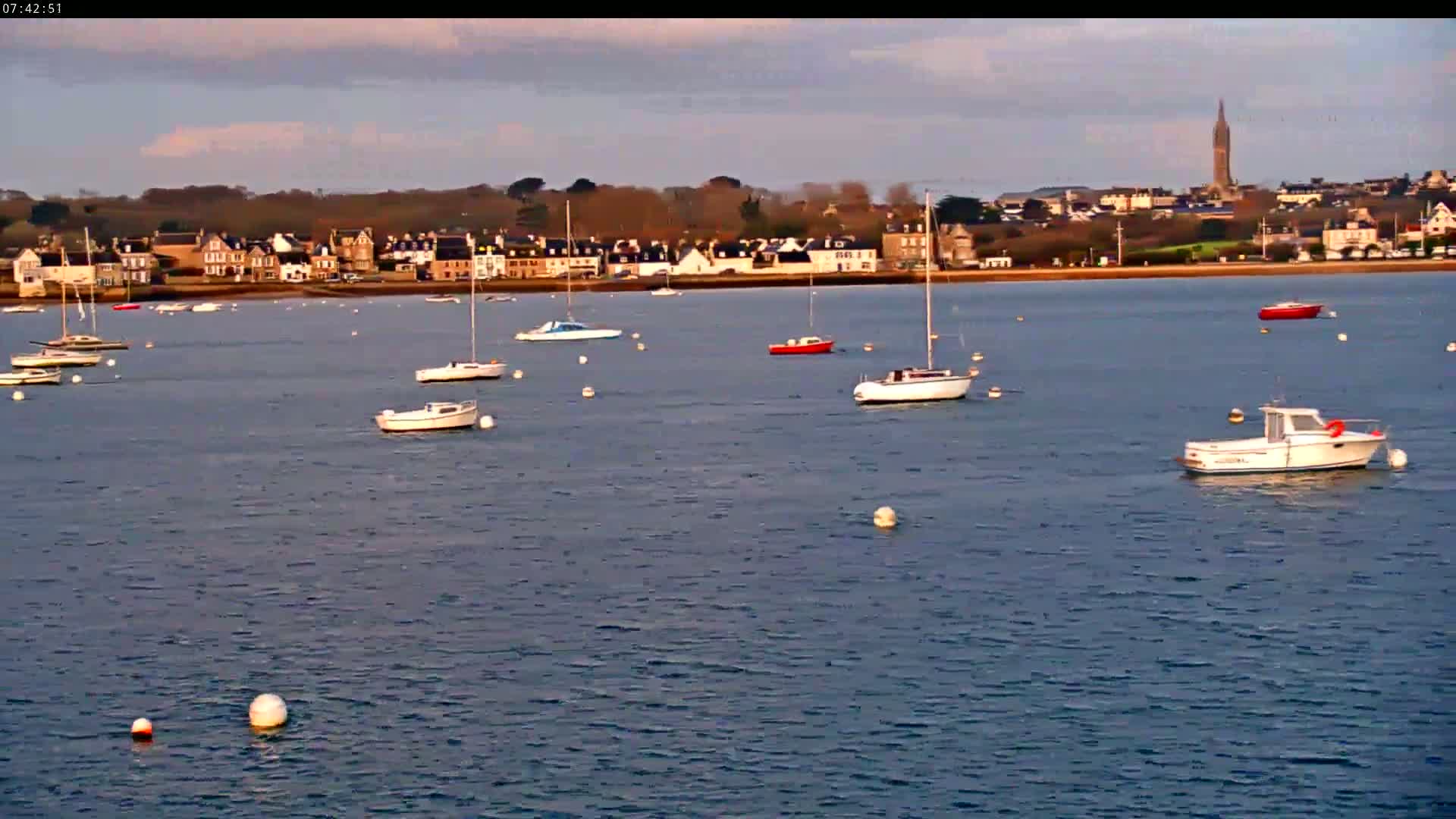 Several sailboats and motorboats are moored in calm water in front of a town, under a mostly clear sky.