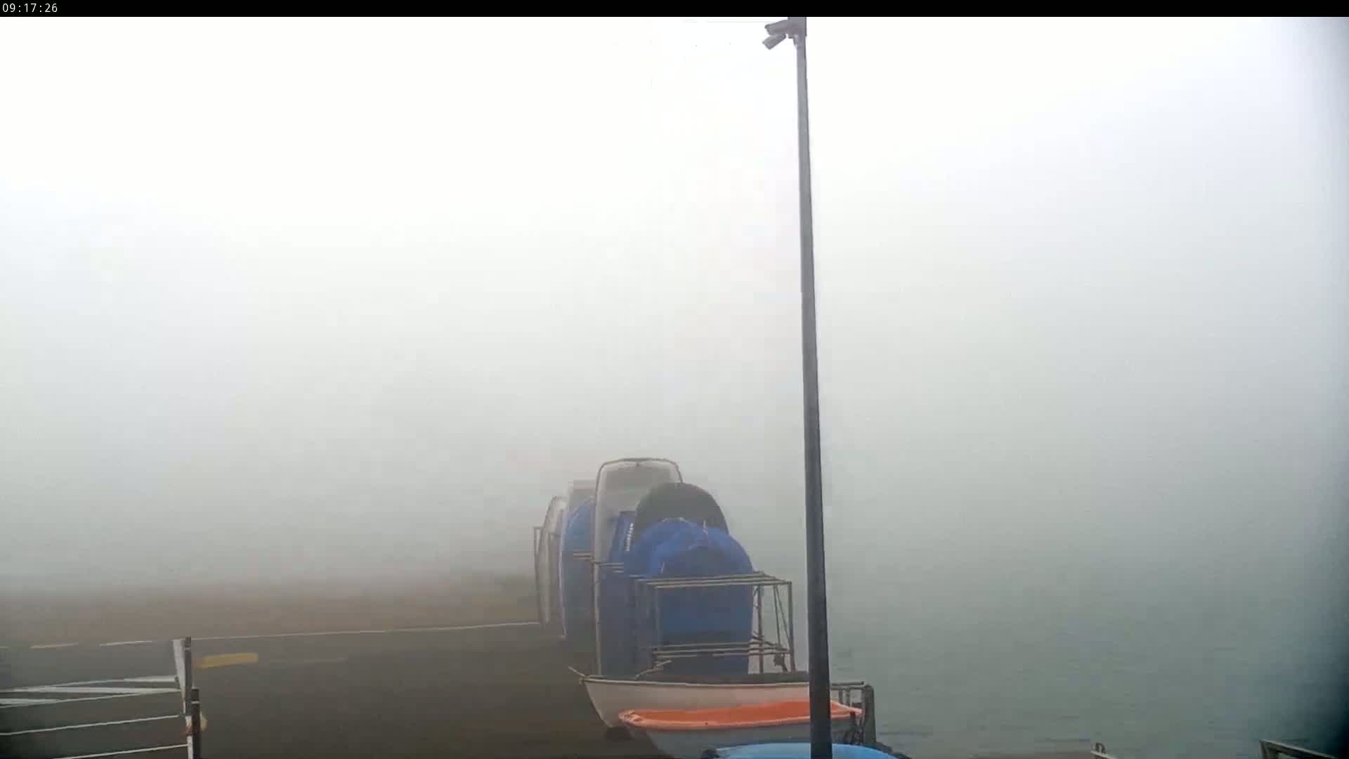 Several small boats are stored near a body of water in dense fog.