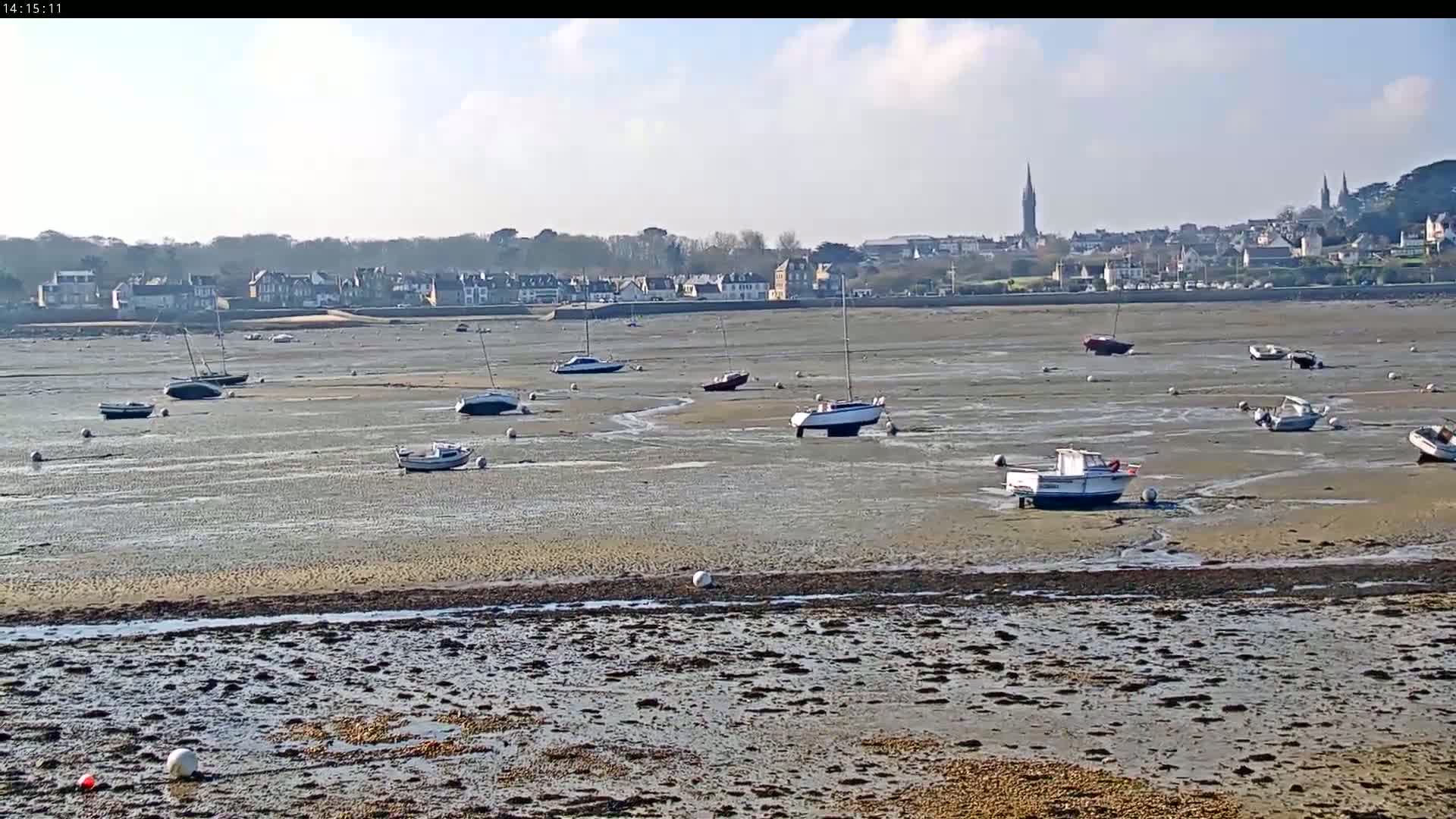 Numerous small boats sit on a wide, muddy, exposed seabed at low tide, with a town visible in the background under a mostly clear sky.