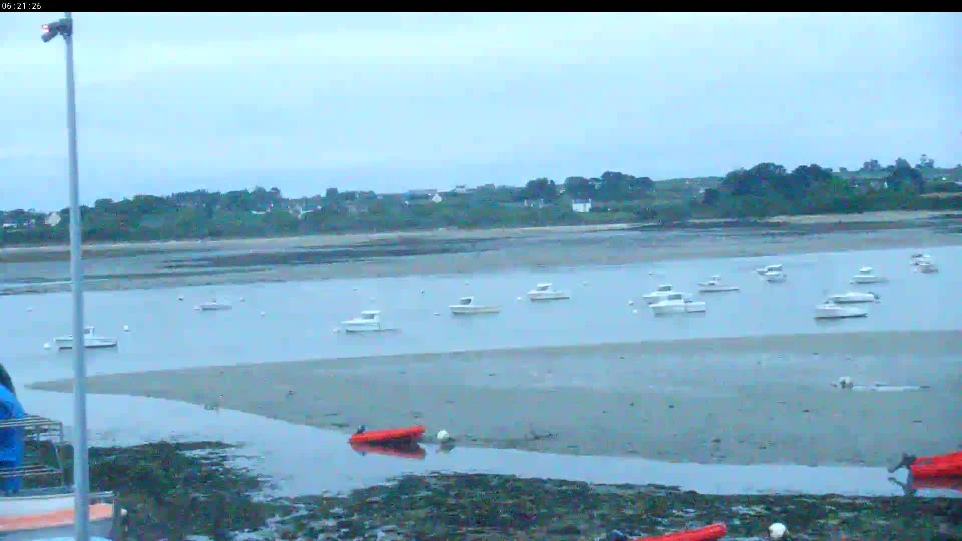 Several small white boats are moored in calm, shallow water near a shoreline with low-lying green vegetation under an overcast sky.