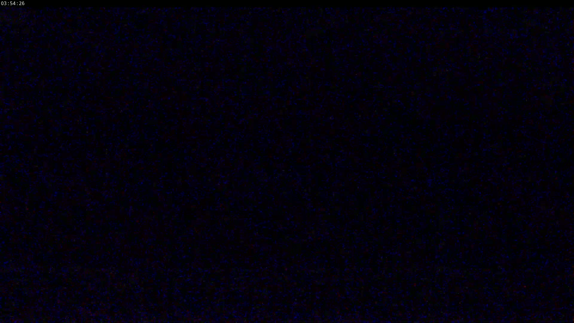 The image shows a dark, mostly black screen with a grainy texture of very small blue and red dots.