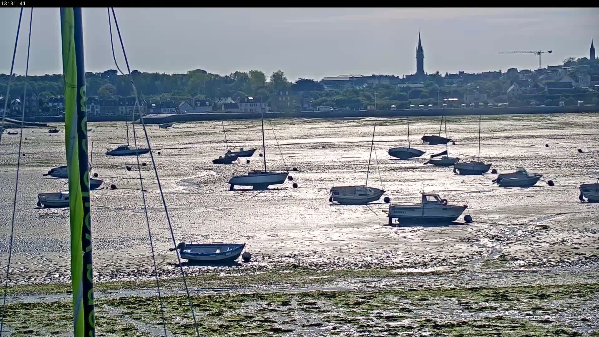 Numerous small boats are grounded on a tidal flat in front of a distant town under a bright, clear sky.