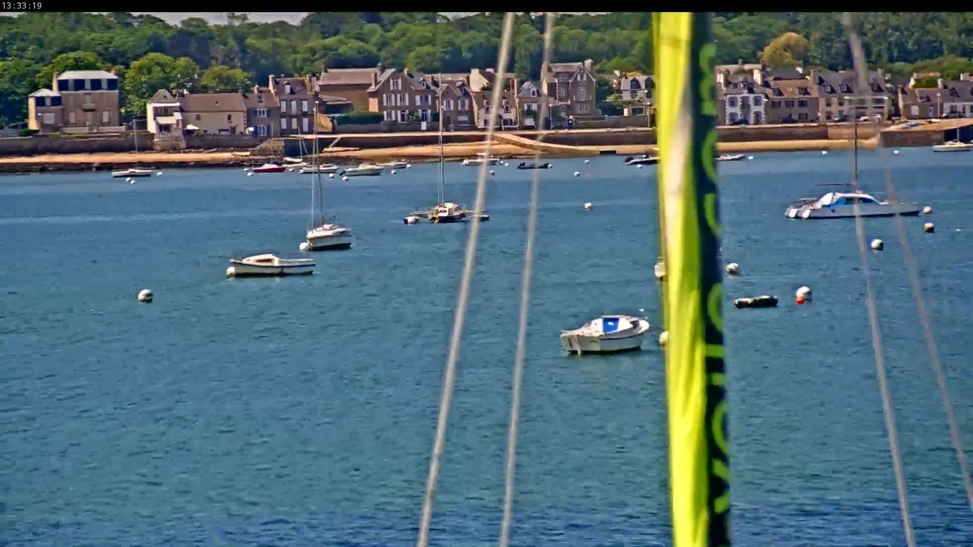 Several sailboats and motorboats are moored in a calm body of water in front of a coastal town on a sunny day.