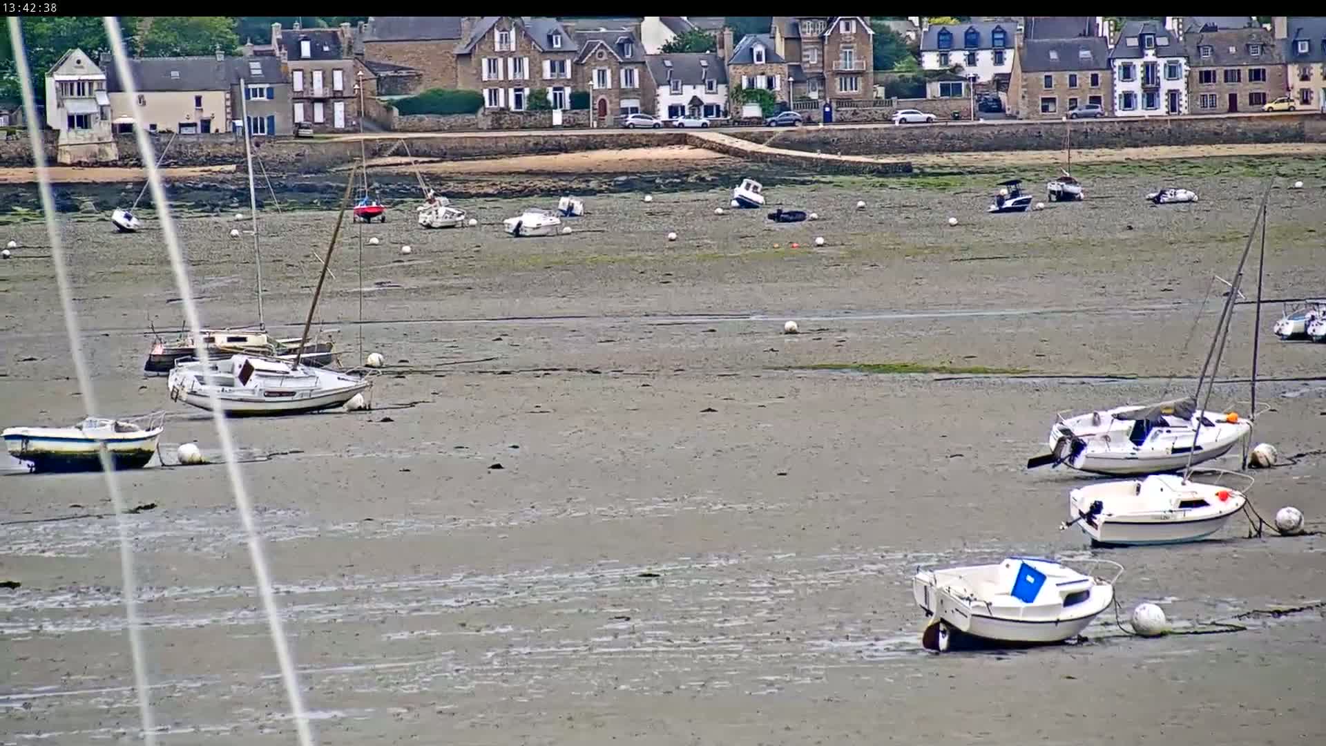 Many small sailboats are grounded on a wide expanse of mudflats in front of a row of buildings, under an overcast sky.