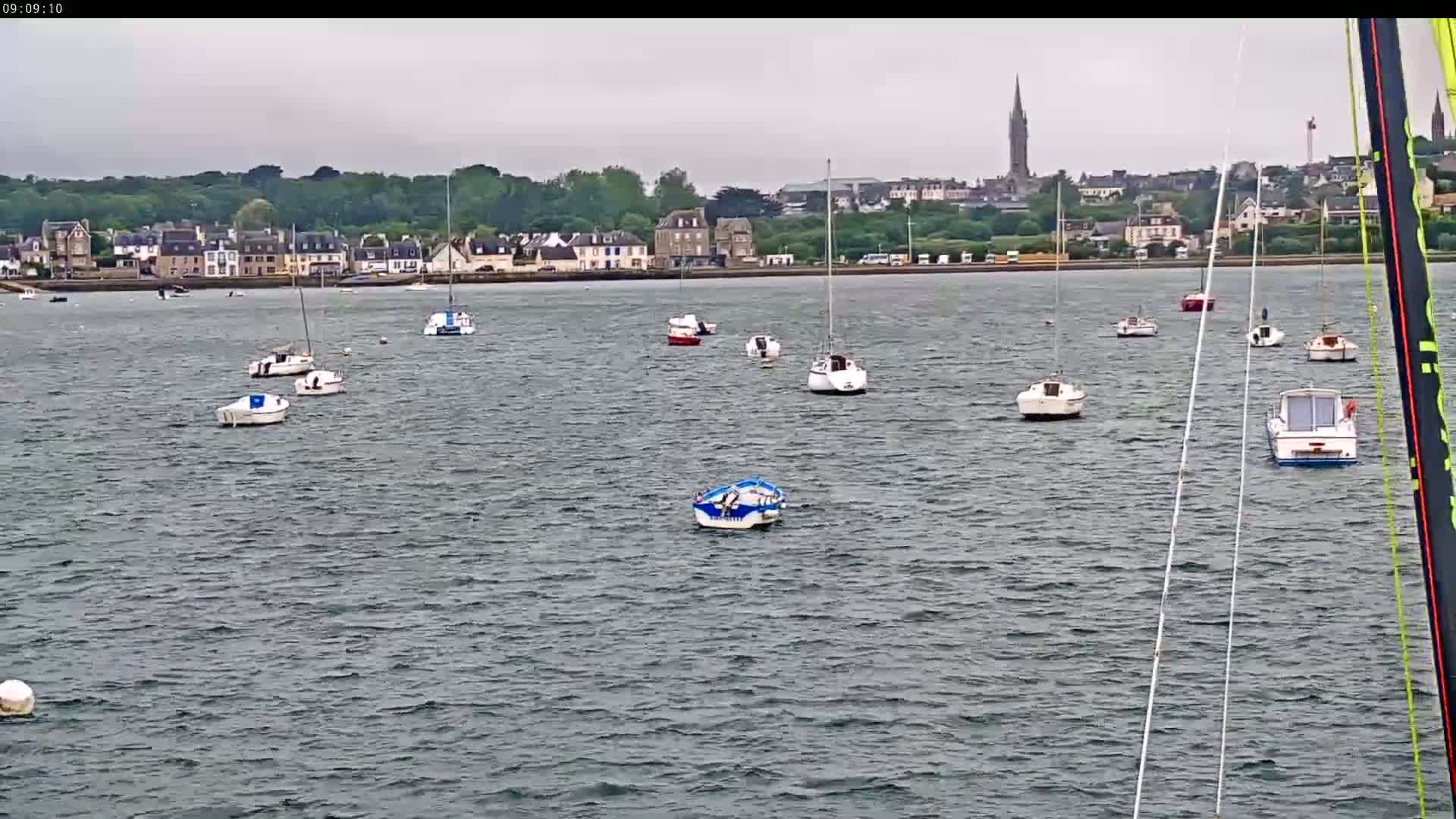 Numerous small boats are moored in calm, gray water in front of a town under an overcast sky.