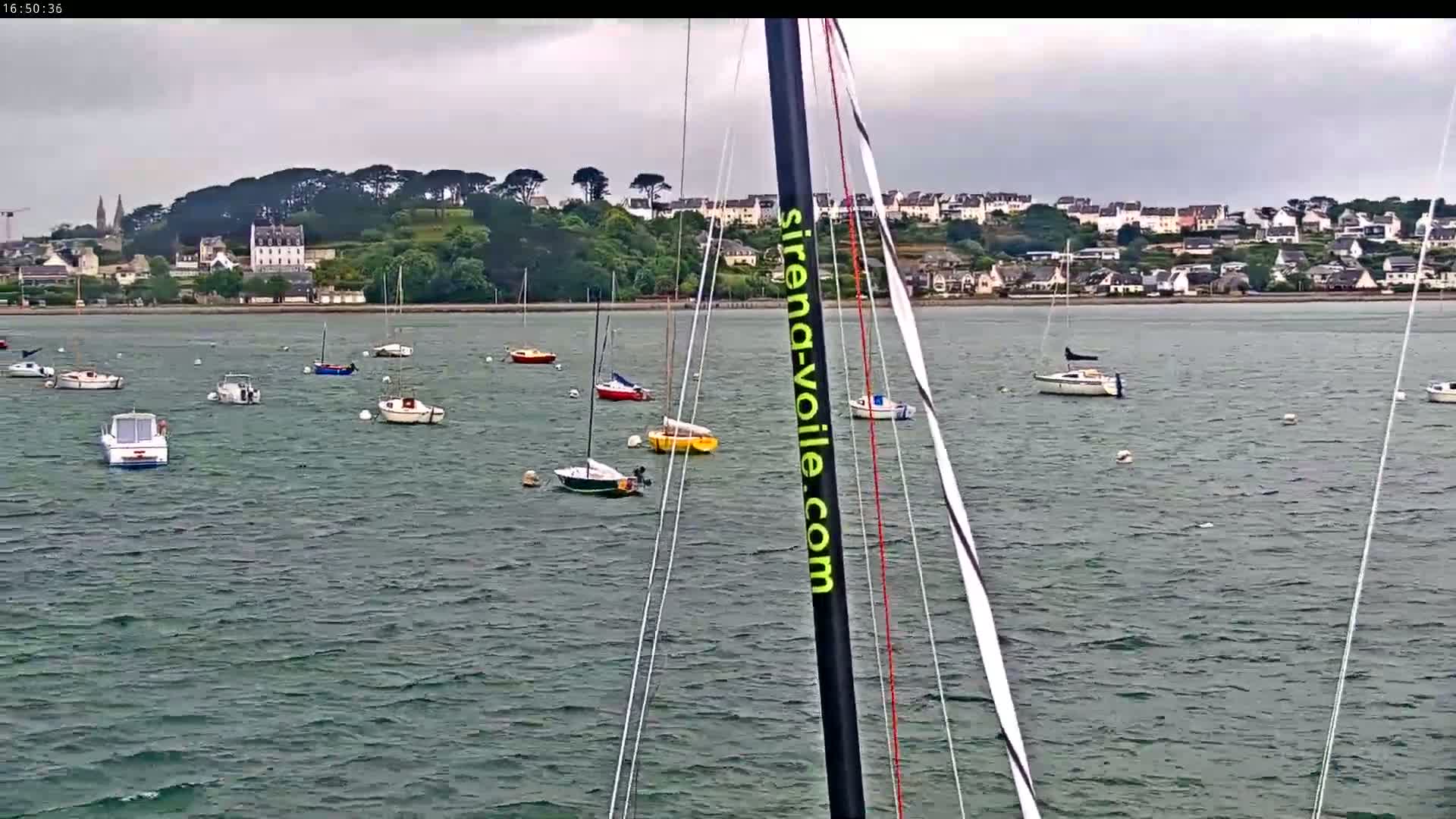 Numerous sailboats are anchored in a calm body of water under an overcast sky, with a town visible in the distance.