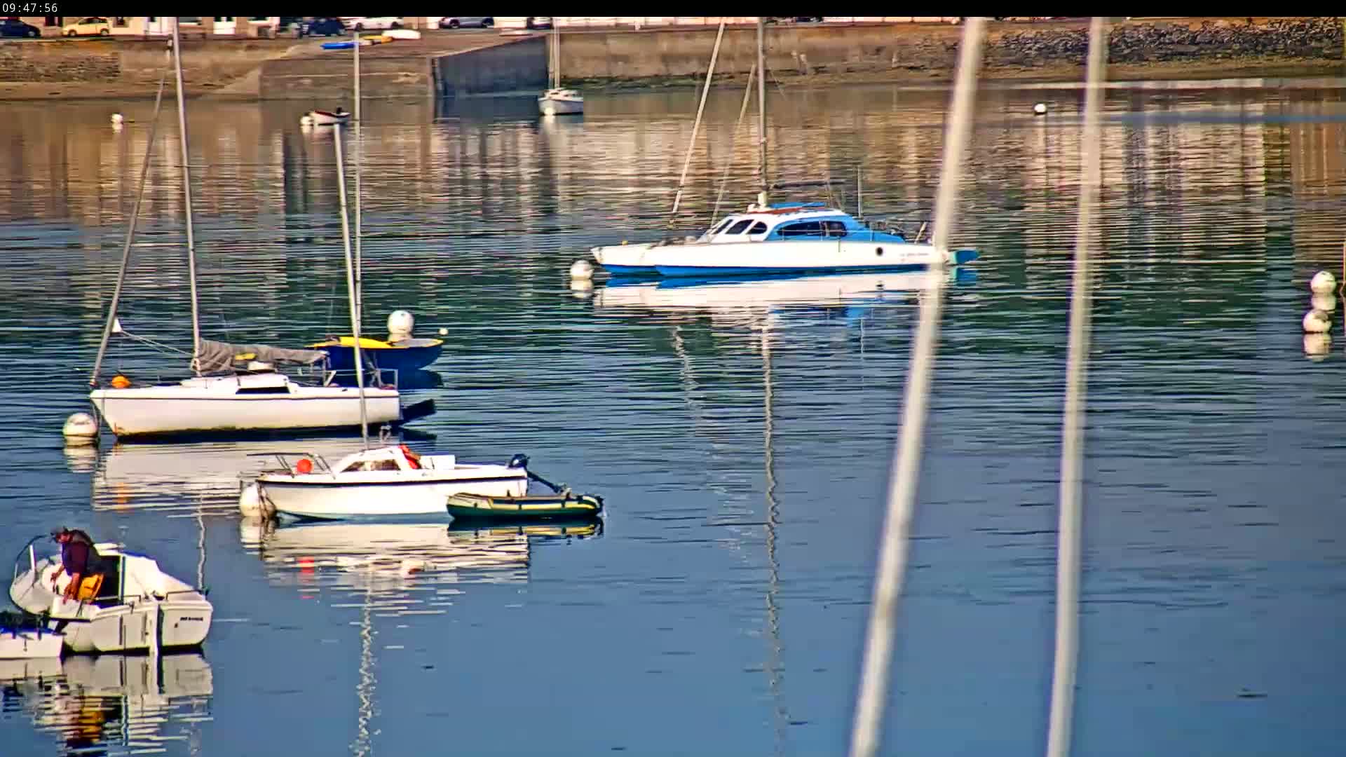 Several sailboats and motorboats are moored in calm water on a sunny day.