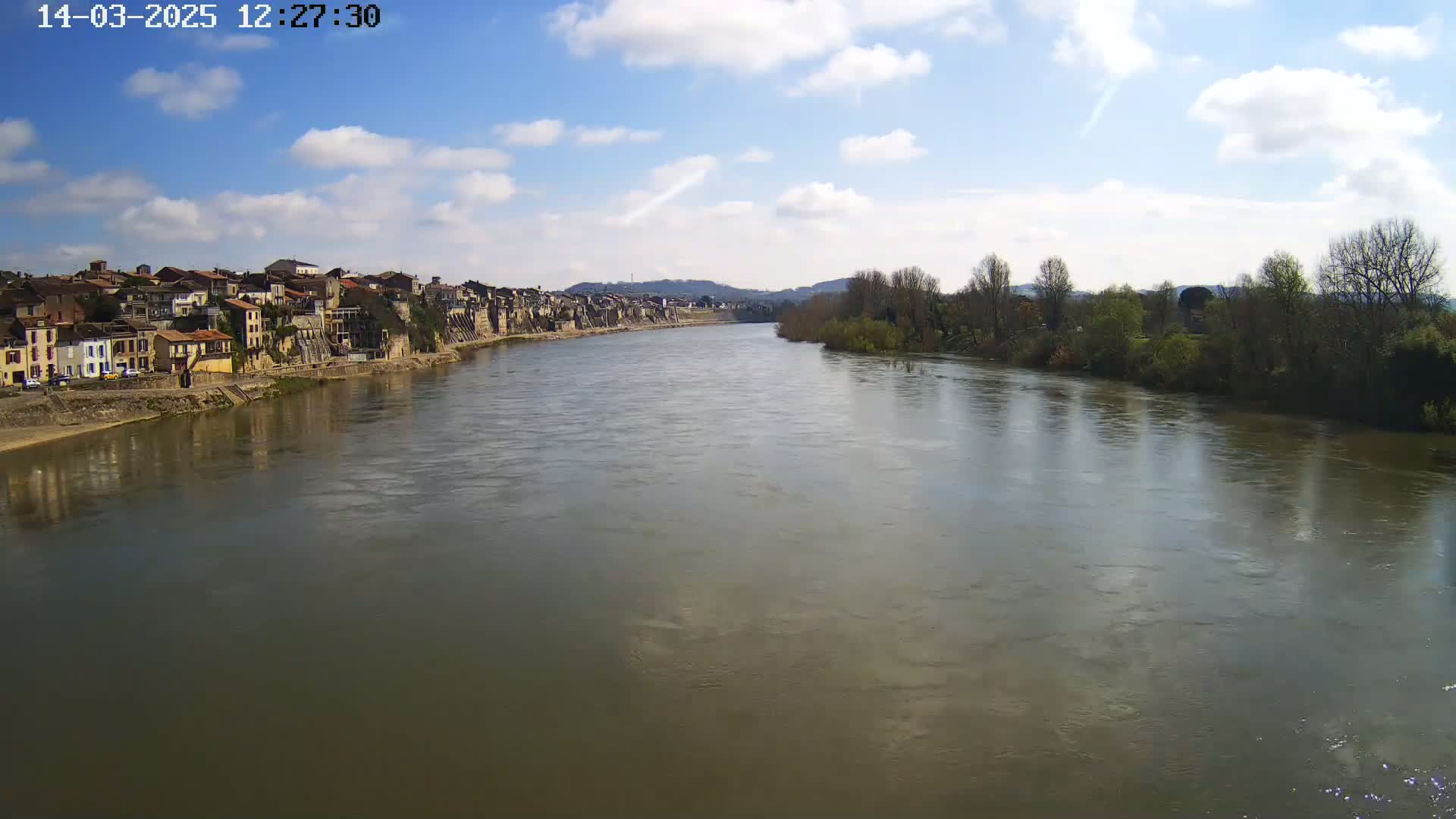 A wide river flows under a partly cloudy sky past a town nestled along its banks.