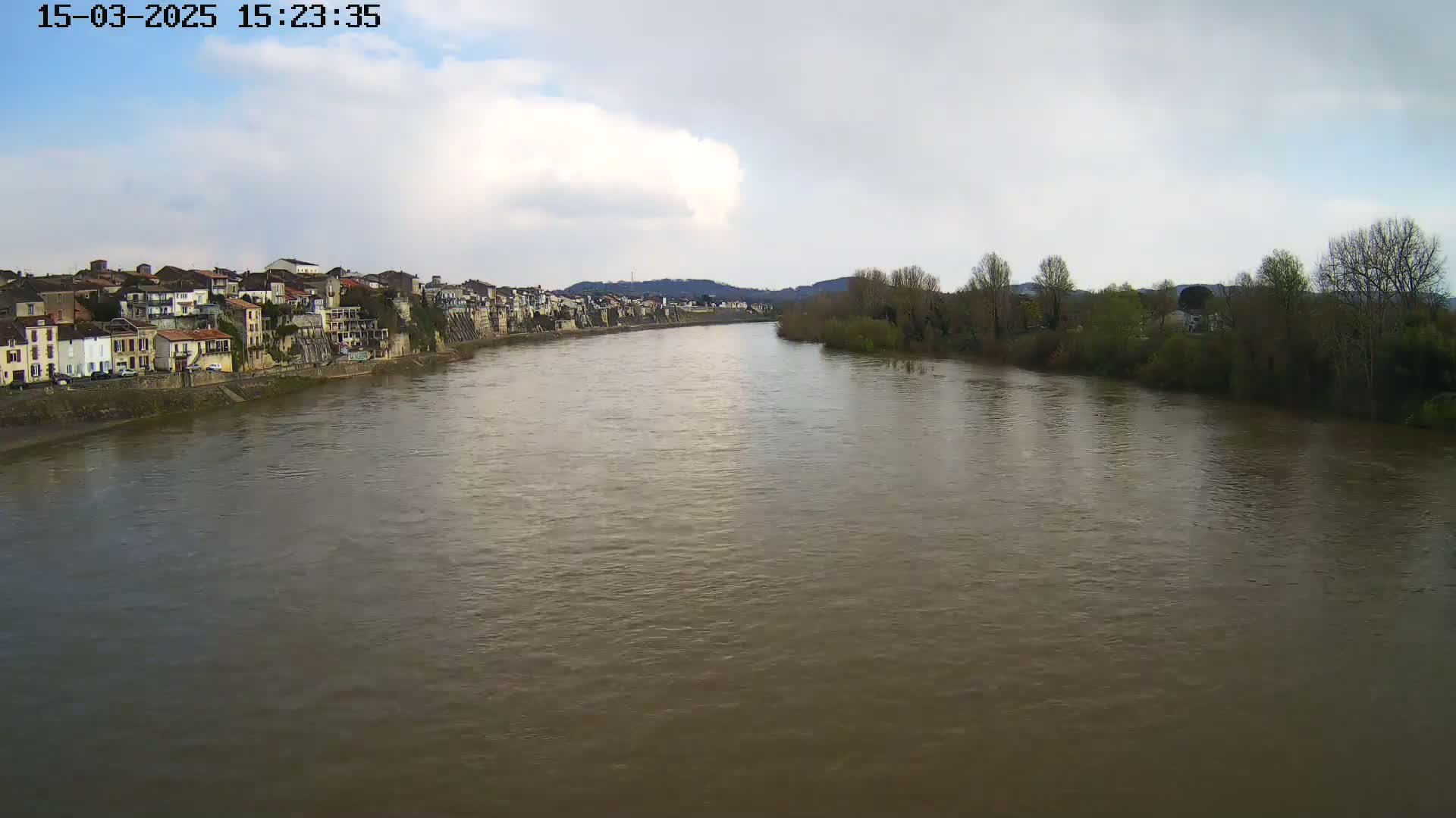 A wide, muddy river flows past a town of buildings on one bank and bare trees on the other under a cloudy sky.