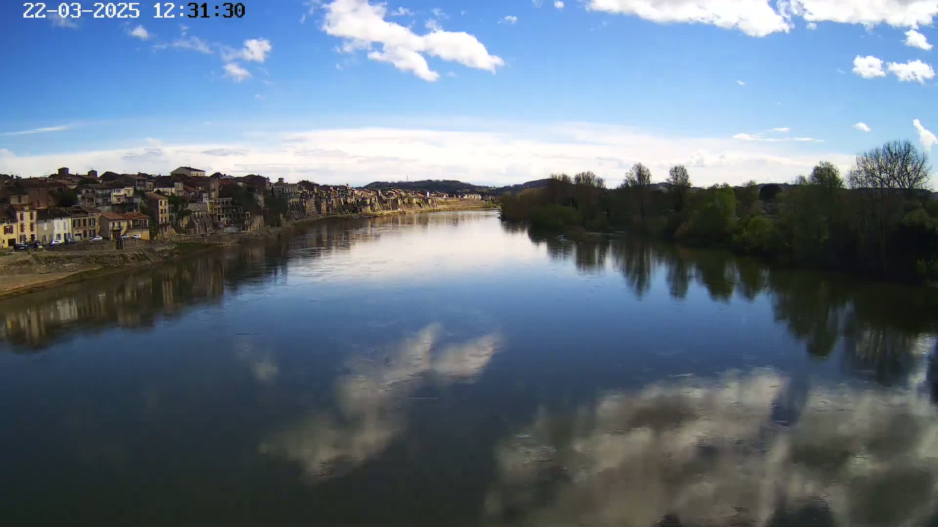 A calm river reflects a partly cloudy blue sky and a town along its banks.