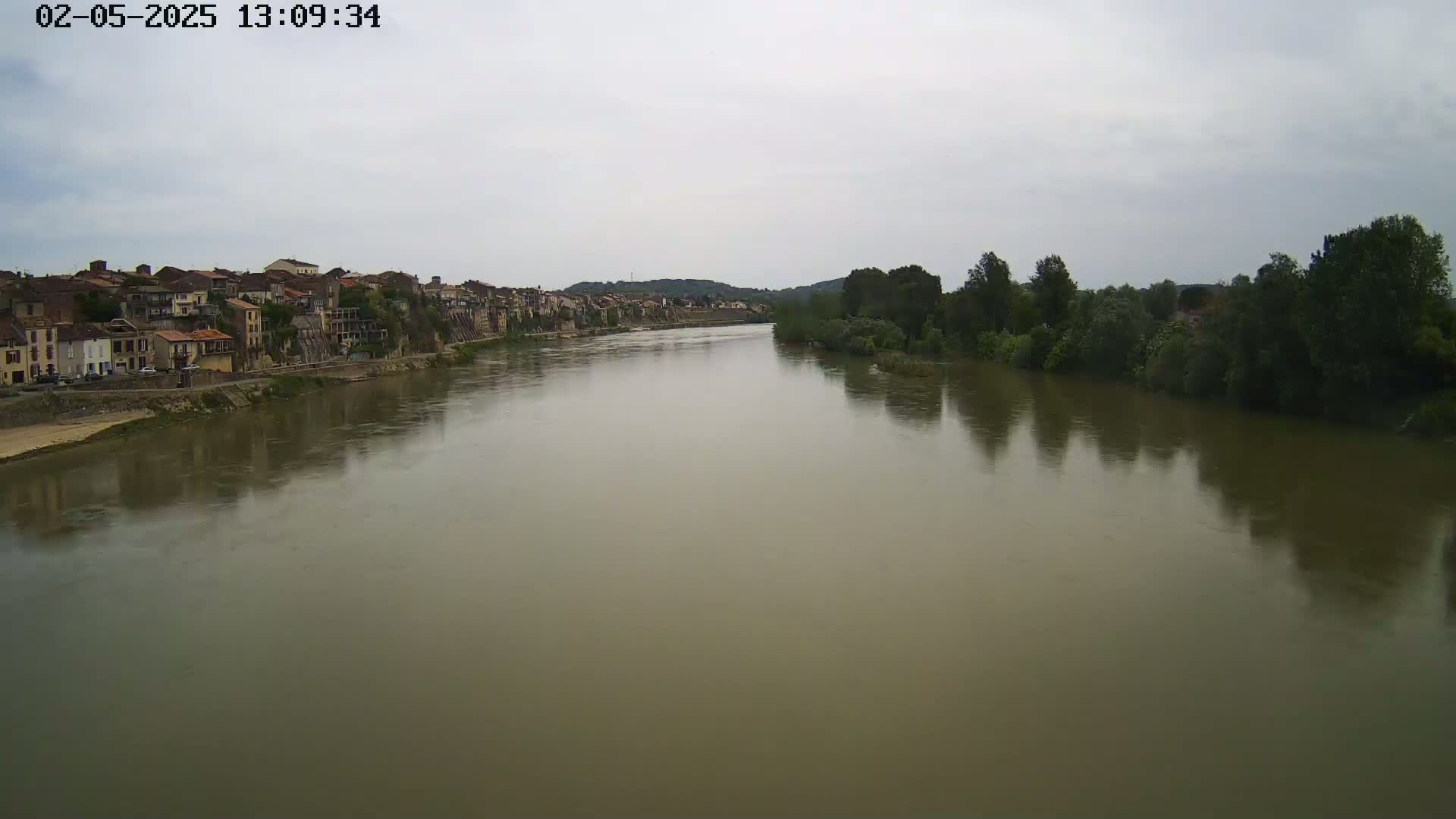 A wide, murky river flows under an overcast sky, past a line of buildings on one bank and lush green trees on the other.