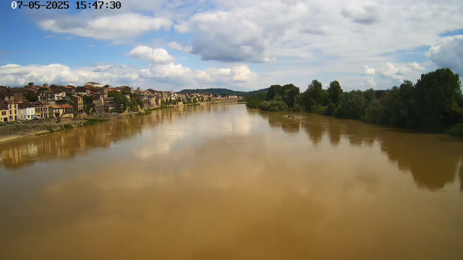 A wide, muddy river reflects a partly cloudy sky and the buildings of a town on its banks.