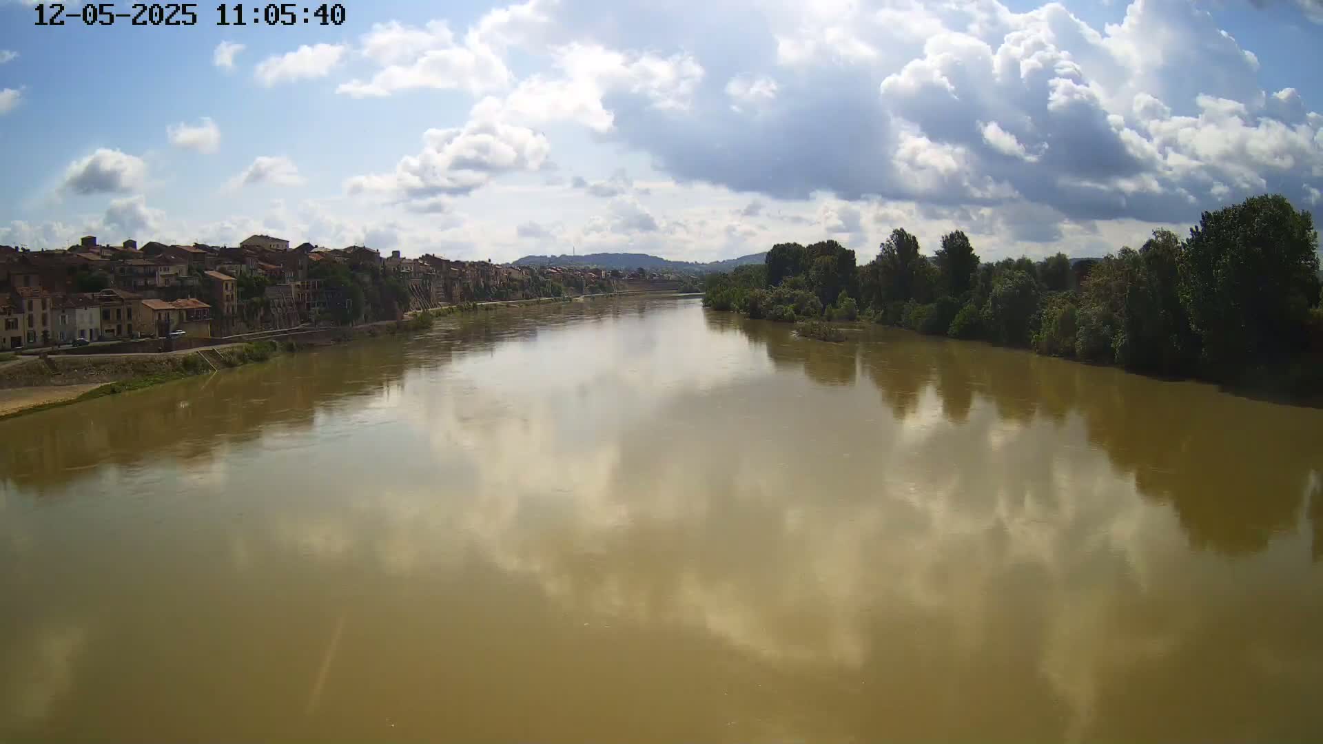 A wide, muddy river reflects a partly cloudy sky as it flows past a line of buildings and trees.