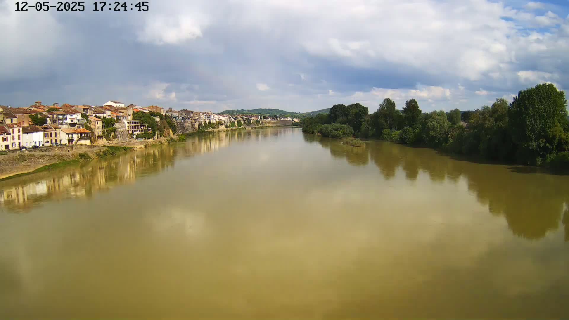 A wide, muddy river reflects a partly cloudy sky and the buildings of a town lining one bank, with lush green trees along the opposite shore.