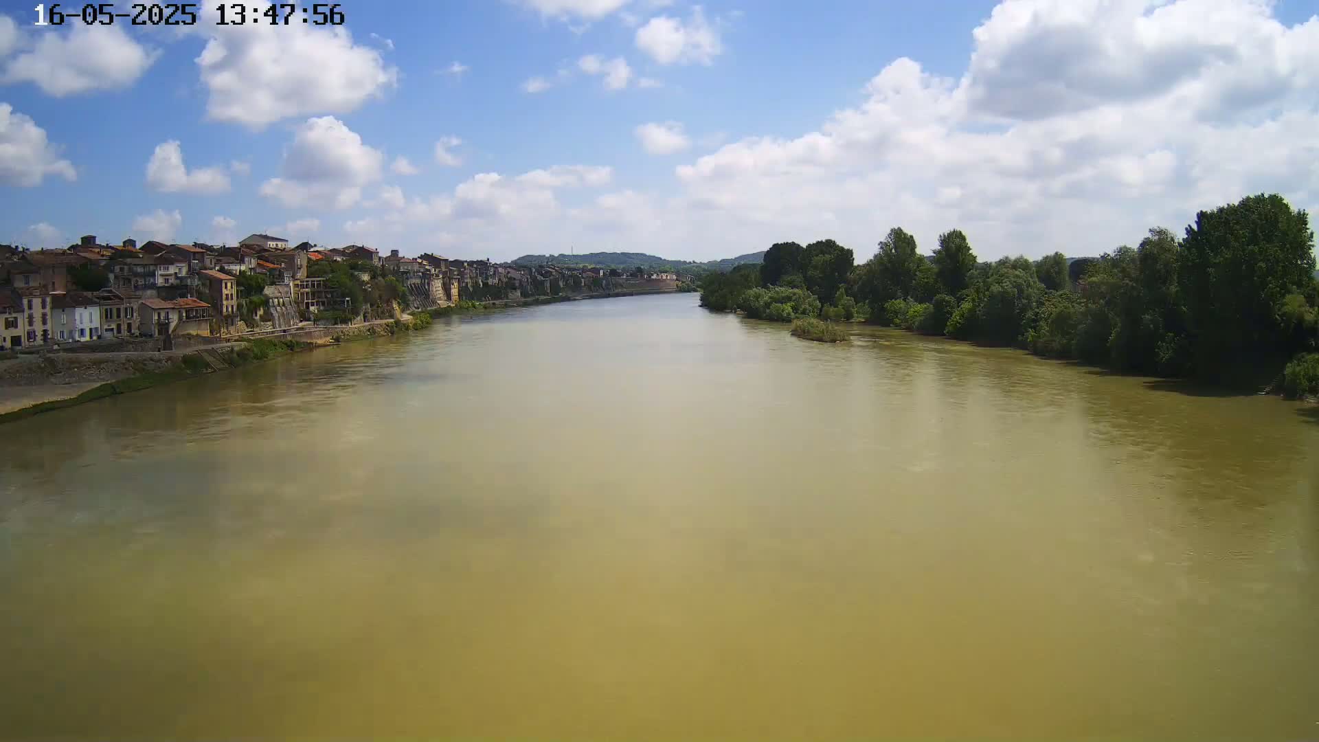 A wide, muddy river flows under a partly cloudy sky, past a town with buildings lining the riverbank and lush green trees on the opposite shore.