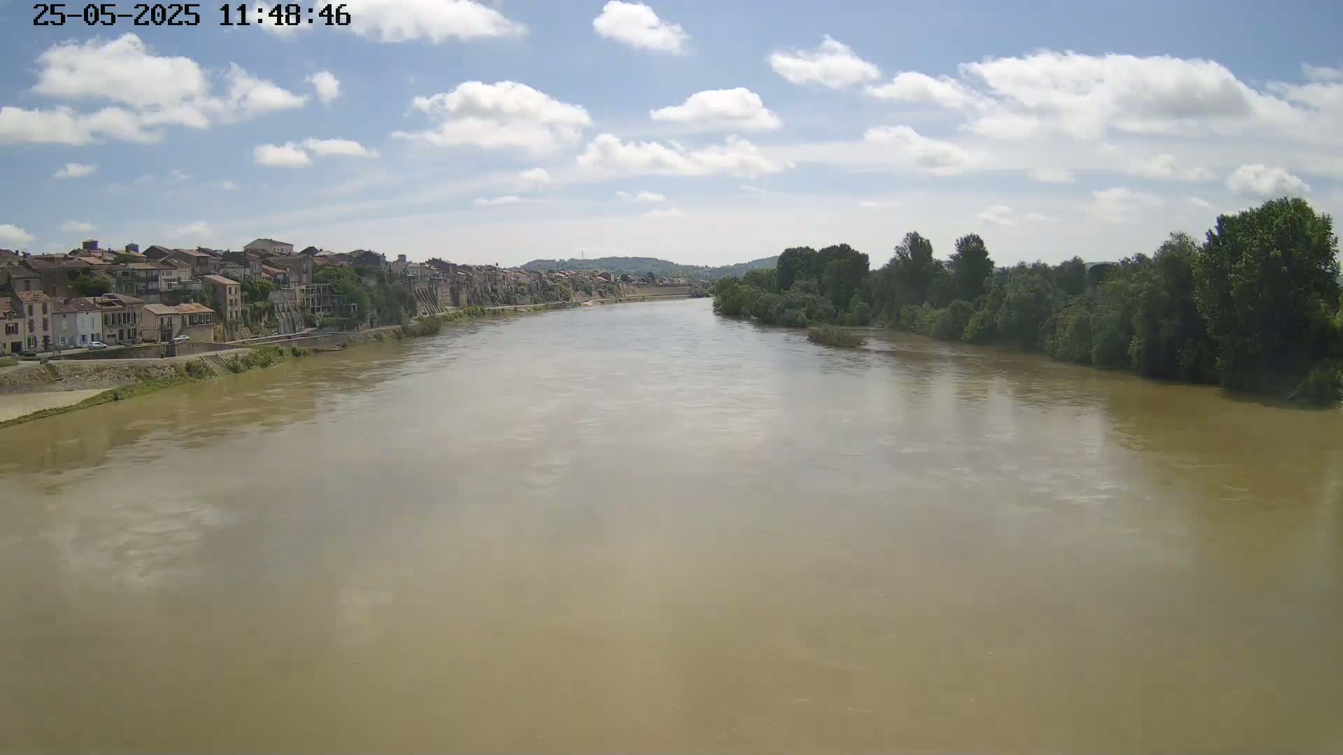 A wide, muddy river flows under a partly cloudy sky past a town with buildings lining its banks and lush green trees along the opposite shore.