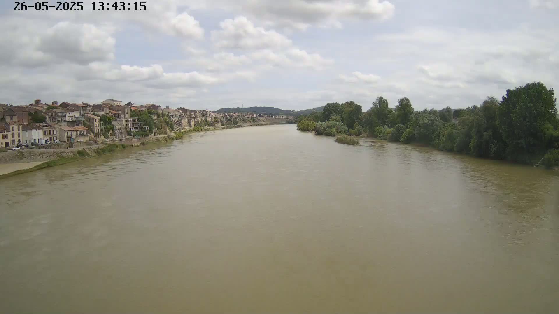 A wide, muddy river flows past a town of old buildings under a partly cloudy sky.