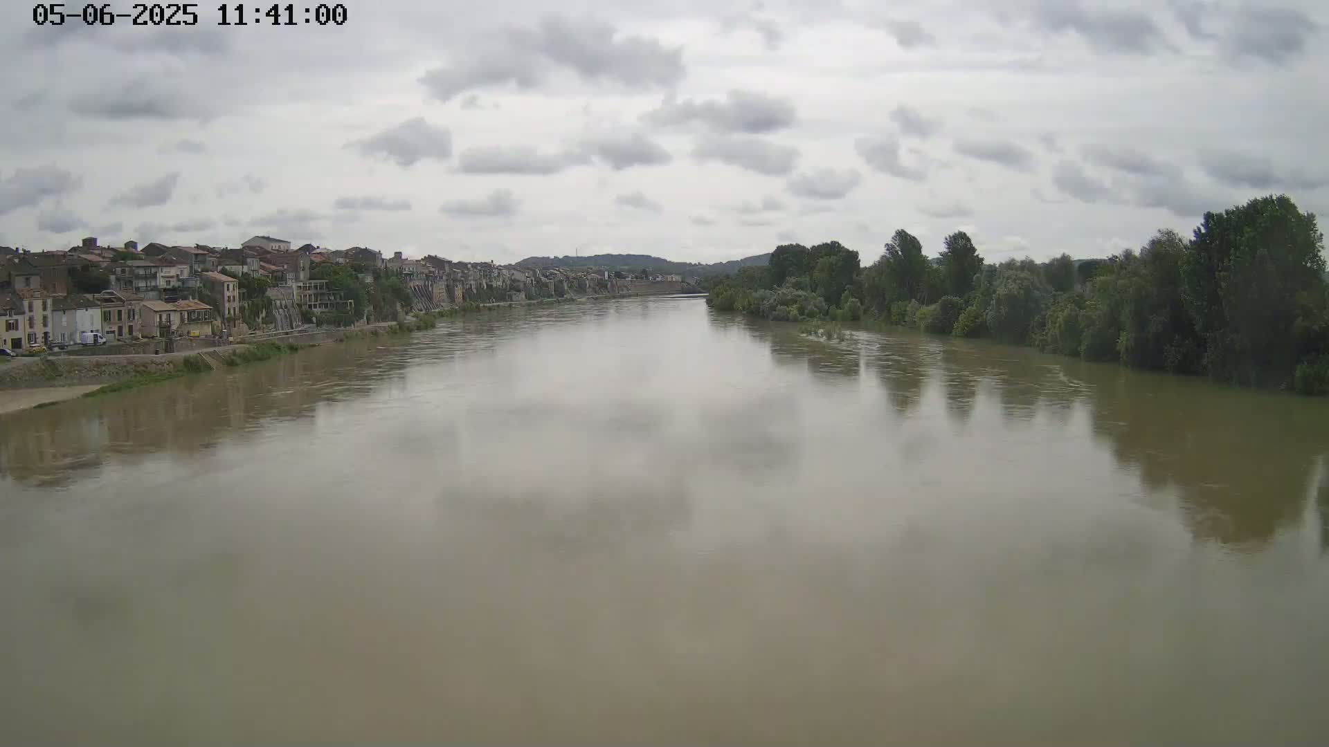 A wide, muddy river flows under a cloudy sky past a town on one bank and trees on the other.