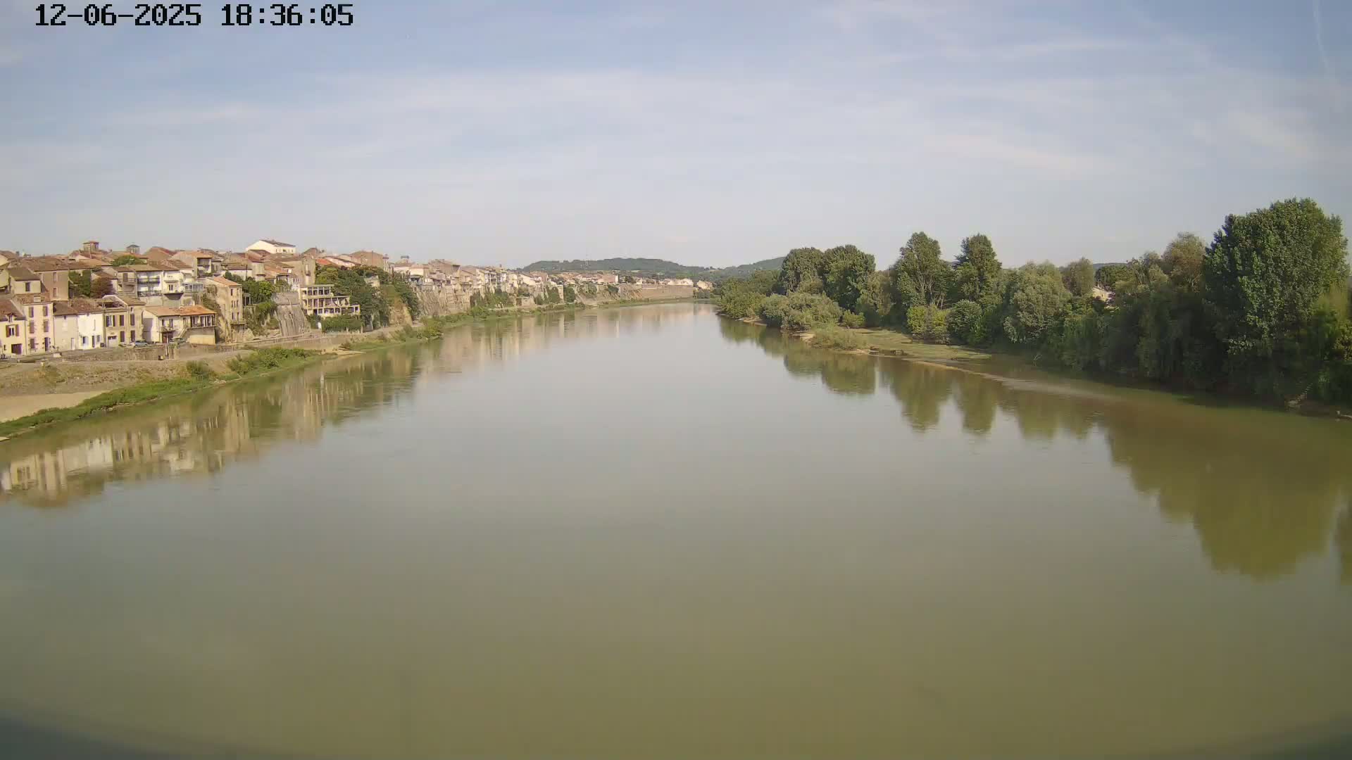 A calm river reflects a town and lush green trees under a mostly clear sky.