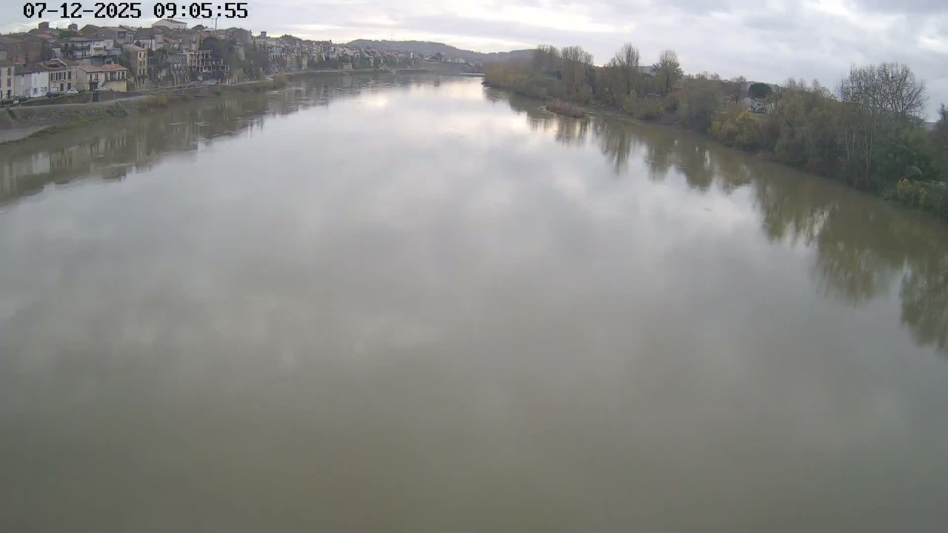 A wide, calm river reflects an overcast sky, with a town of buildings visible on the left bank and dense, mostly bare trees lining the right bank.
