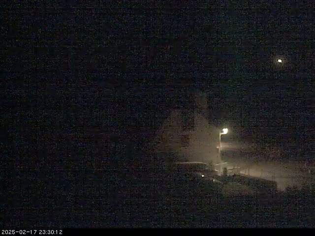 A dimly lit nighttime scene shows a building, a vehicle, and a lamppost under foggy or hazy conditions.