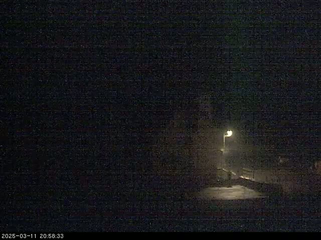 A dimly lit street at night, possibly snowing.