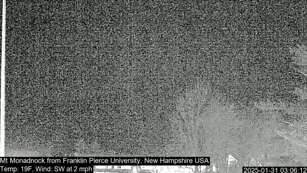 A snowy, low-visibility scene of a distant mountain is visible under a gray sky with a southwest wind.