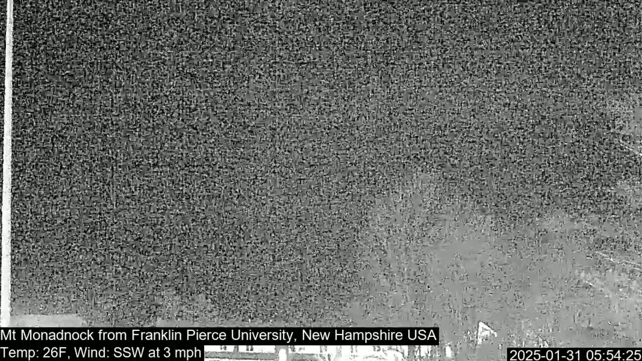 A nighttime, snowy view of a mountain range under a cloudy sky with a light south-southwesterly wind.