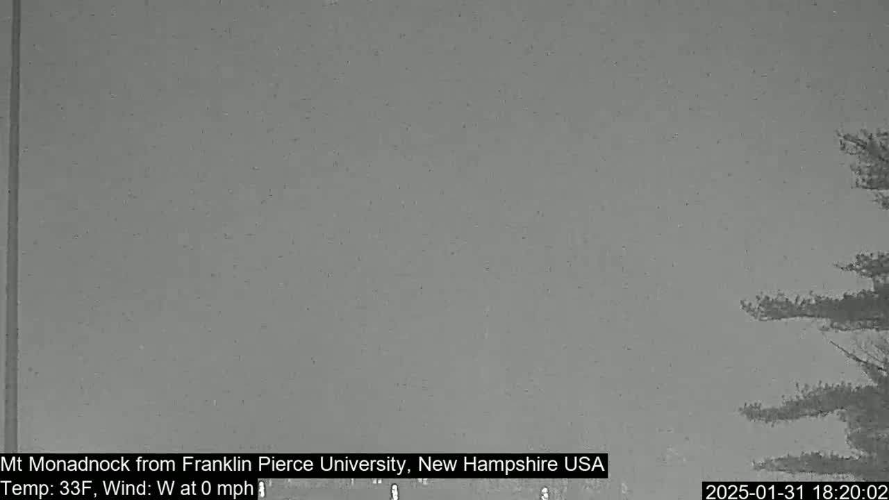 A mostly overcast, snowy scene is visible with a tree in the lower right corner, under calm weather conditions.