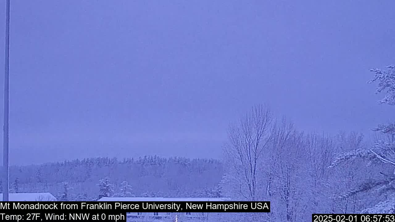 A snow-covered landscape of trees and a distant mountain is visible under a pale, bluish sky.