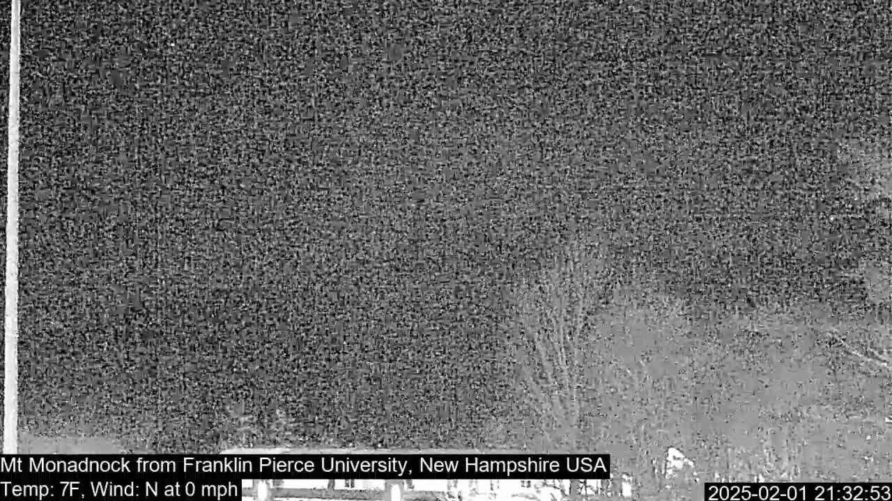 A nighttime, low-resolution image shows a dark, blurry view of trees and a mountain in calm, cold weather.