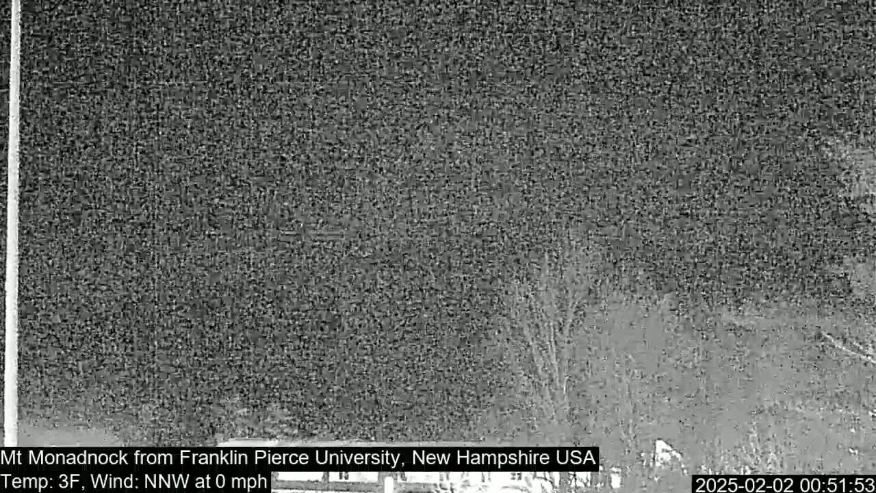 A low-light, nighttime view of a dark, snow-covered landscape with a calm, 3°F wind.
