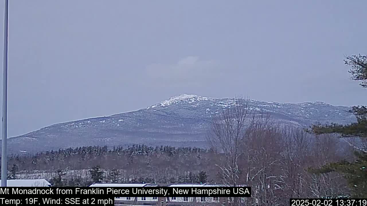 A snow-covered mountain is visible in the distance, under a mostly cloudy sky, with bare trees and buildings in the foreground.